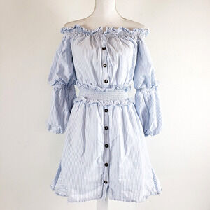 Gianni Bini SIZE L Blue White Striped Puff Sleeve Lined Smocked Dress Tunic